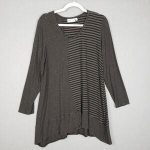 Habitat Women's Size L Mixed Media Tunic Top Gray Brown Stripe Lagenlook Prairie